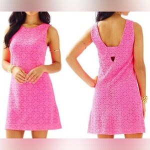 Lilly Pulitzer Callie Kir Royal Pink Trellis Knit Lace Shift Dress M